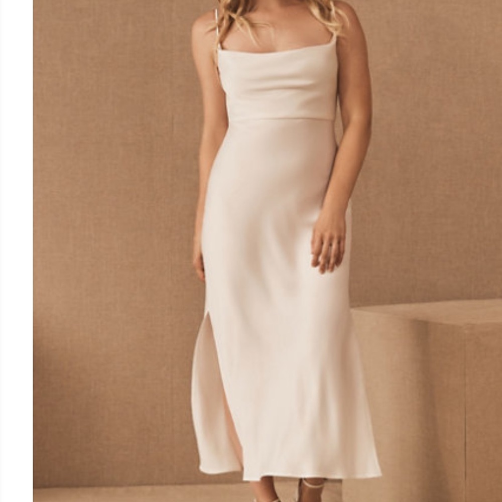 White BHLDN satin cowl slip midi dress